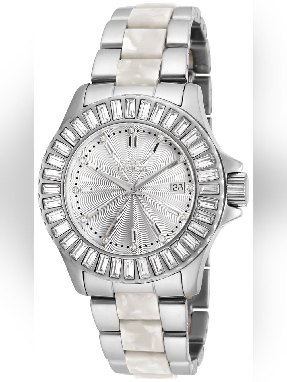 Women's Invictas Stainless Steel and Pearl Tone Crystal Bezel Watch
